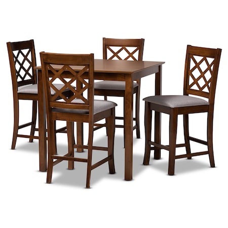 Baxton Studio Alora Grey Upholstered Walnut Brown Finished 5-Piece Wood Pub Set 172-9888-10903